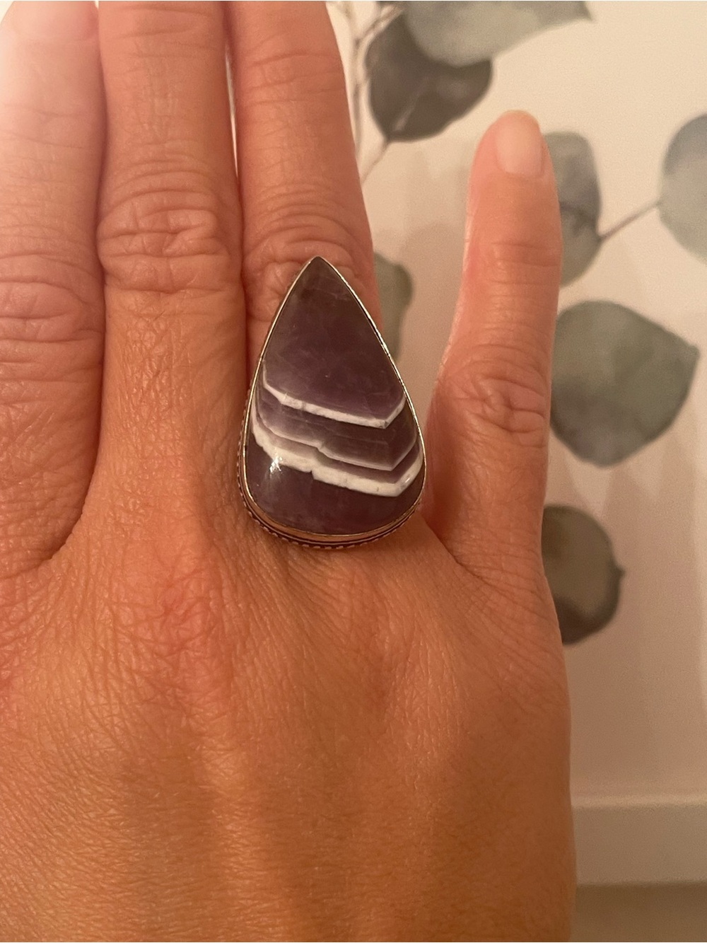 Purple Amethyst Stone Chevron Teardrop 925 Silver Ring size 7